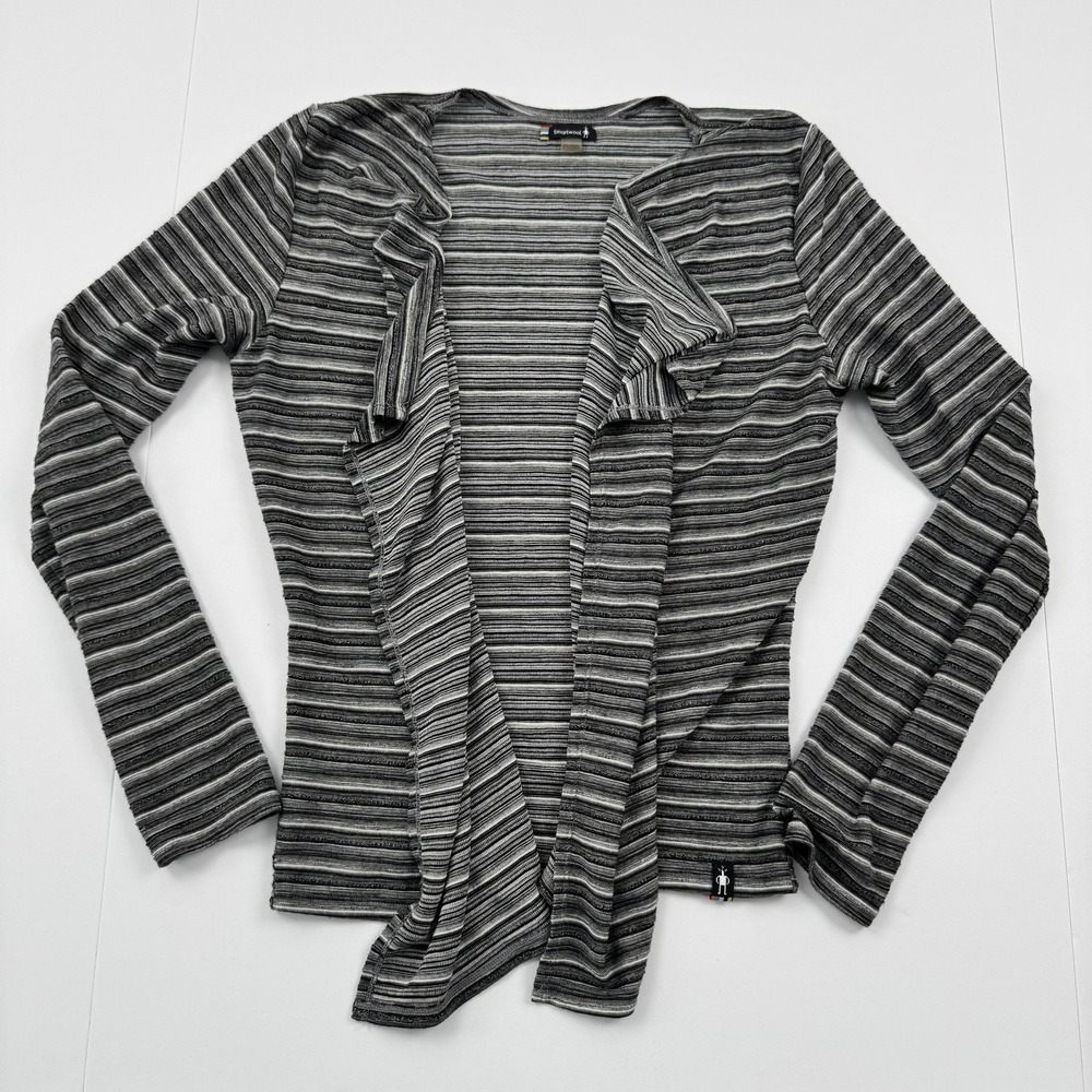 Smartwool Cardigan Sweater Womens Small Gray Striped Open Front Lightweight